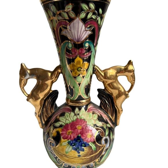H. Bequet Quaregnon Tall Vase With Antelopes Old World Antique Vintage Belgium - Picture 1 of 4